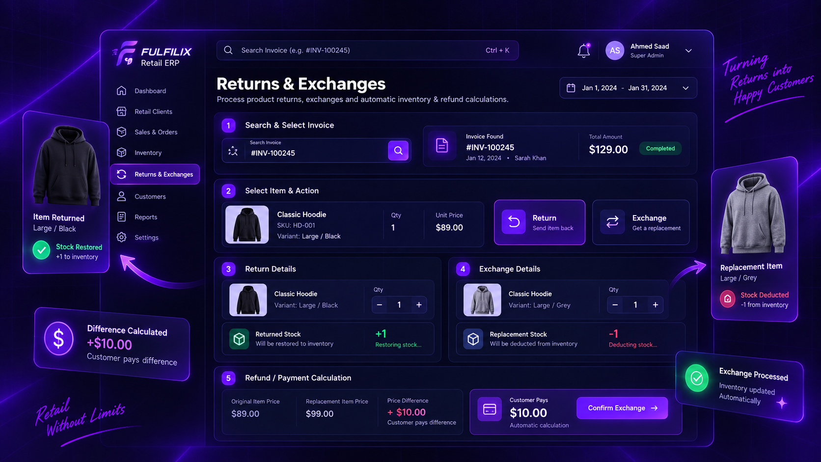Fulfilix returns and exchange screen